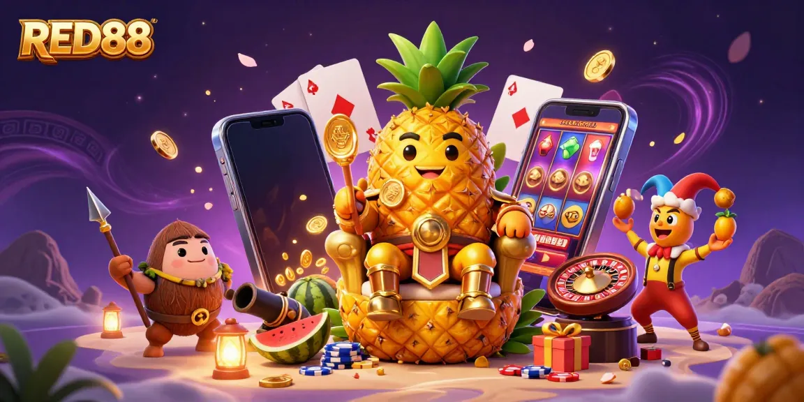 Engage with vibrant casino fun at RED88, featuring a pineapple king, coconut guards, and a slot game!
