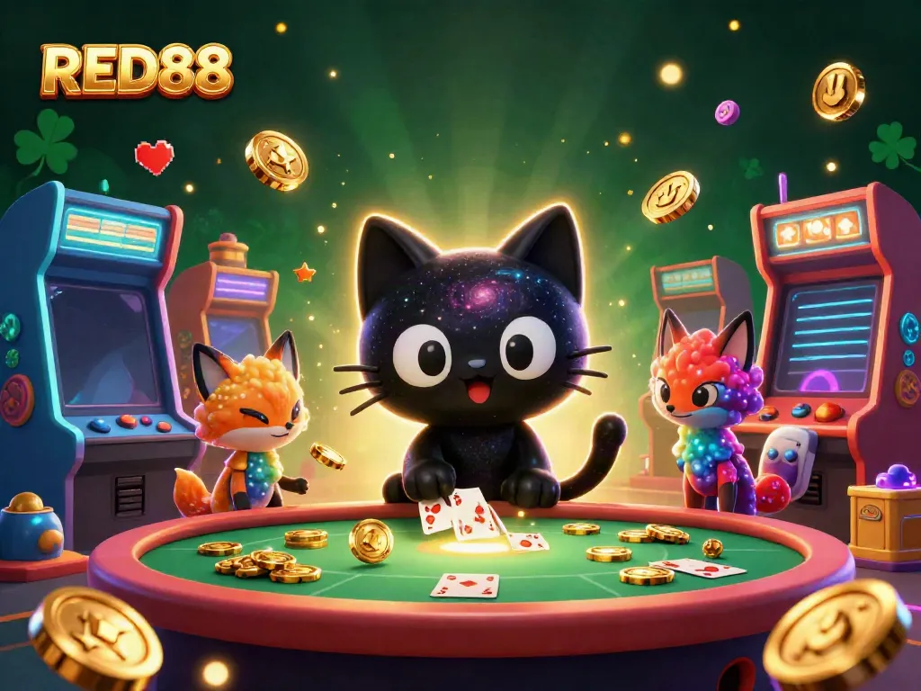 Join the cosmic fun at RED88 casino with a black hole cat and nebula fox, surrounded by gaming delights!
