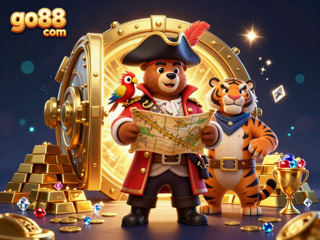 Experience the excitement of go88 com with a 3D illustration showcasing vibrant casino themes and rich treasures.