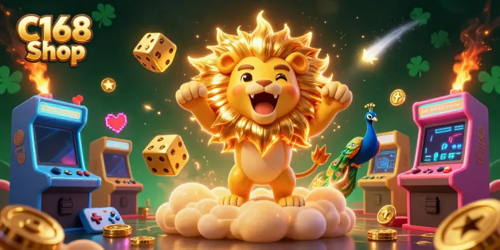 Experience thrilling gameplay at C168 Shop with rich casino-themed elements in this vibrant 3D illustration.