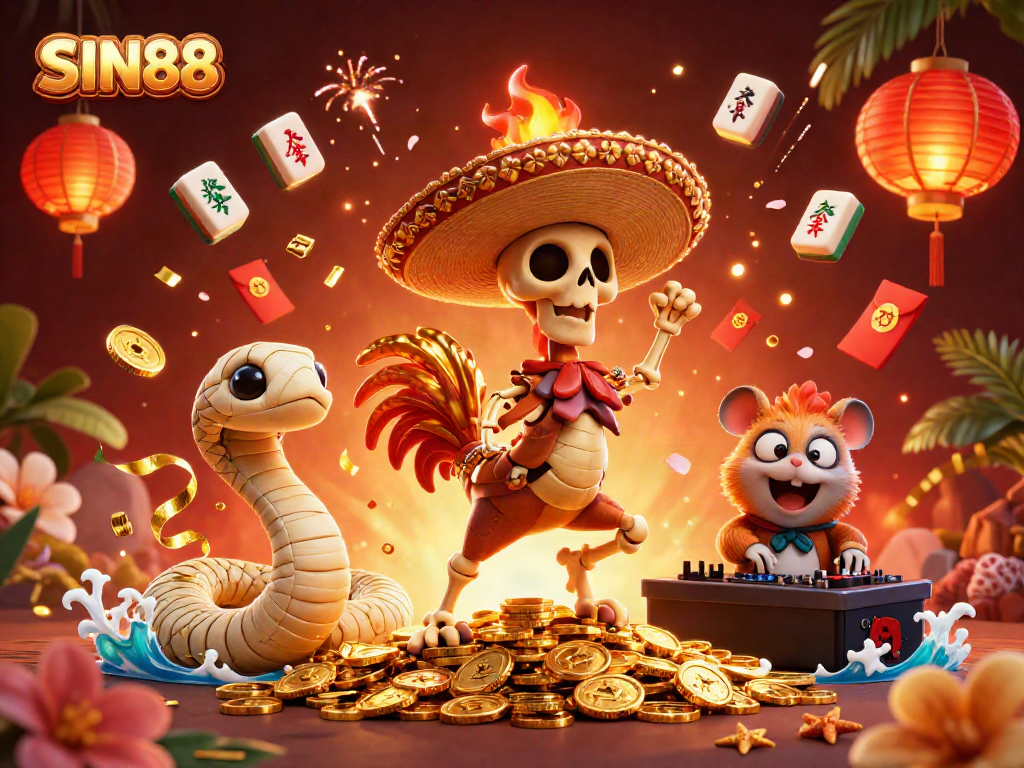SIN88 unleashes the thrill of victory as a mariachi rooster dances among piles of gold coins.