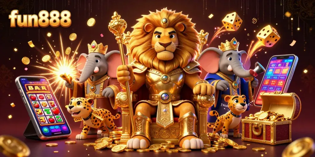 Experience fun888 with dazzling casino elements including a fierce lion king, wise elephant, and quick cheetah in action.