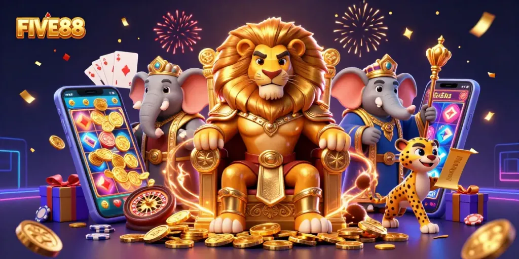 Engage with FIVE88's vibrant gaming scene featuring the majestic lion king, elephant advisor, and cheetah messenger.