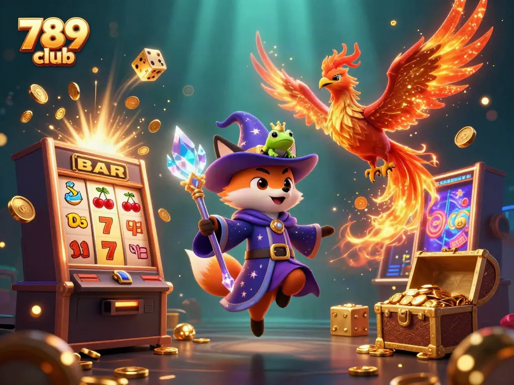 Experience the thrilling slot games at 789 club with wizard fox and phoenix illustration.