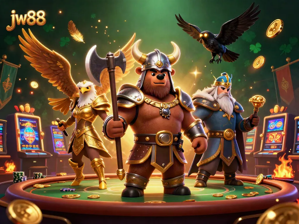 Experience thrilling games at jw88 with a fierce Viking, Valkyrie, and mystical ravens in this vibrant casino scene.
