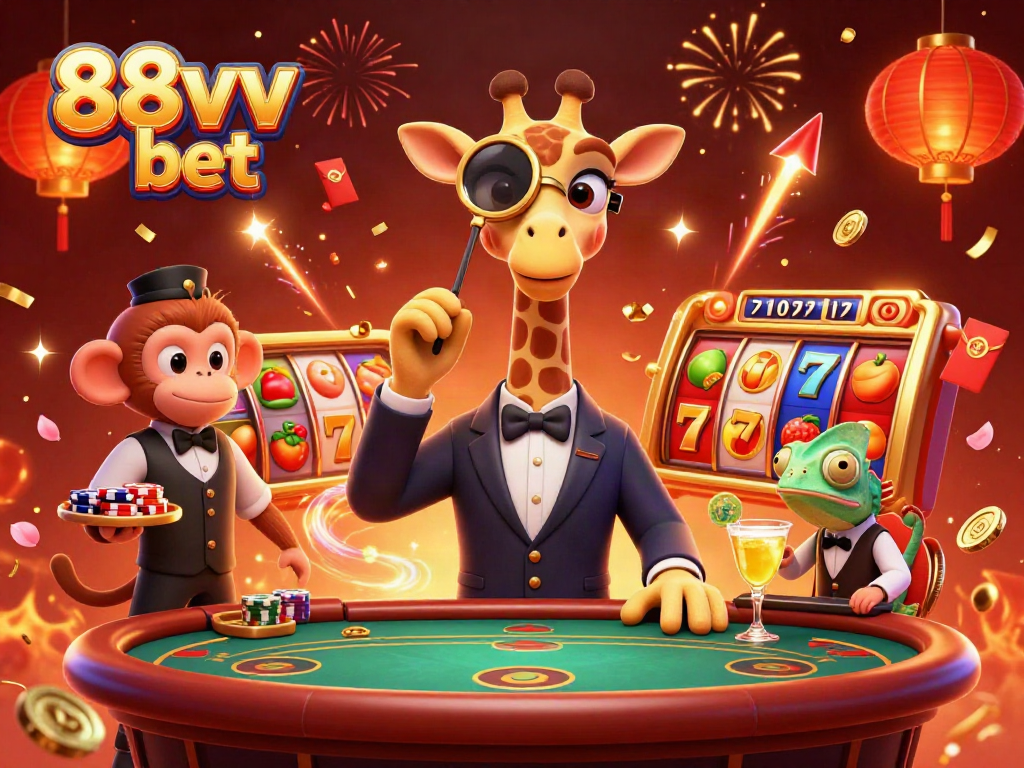 Engage in the vibrant world of 88vv bet with a lively casino scene featuring a high-roller giraffe, monkey valet, and chameleon bartender.