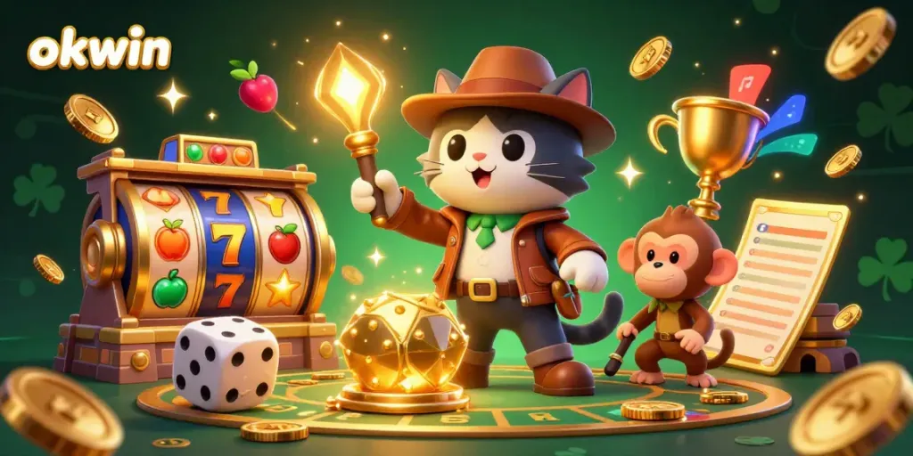 Spin and win at OKWIN's vibrant slot game adventure featuring a treasure-hunting feline explorer.