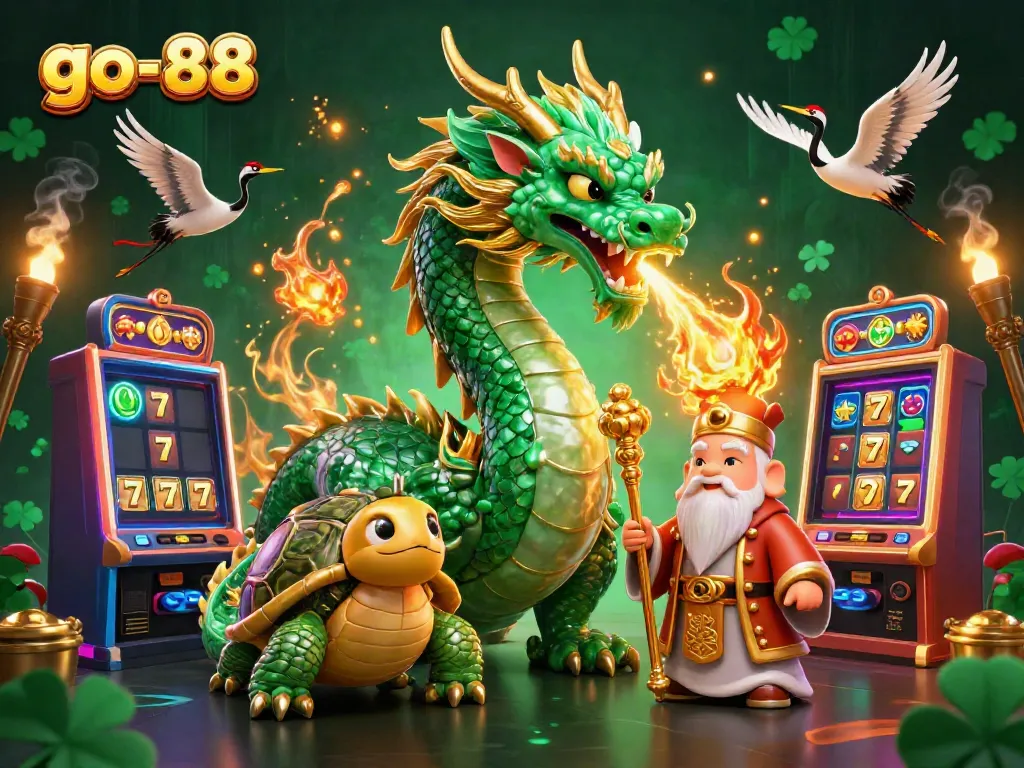 Engage in thrilling gaming at go-88 with vibrant dragons and golden slot machines.