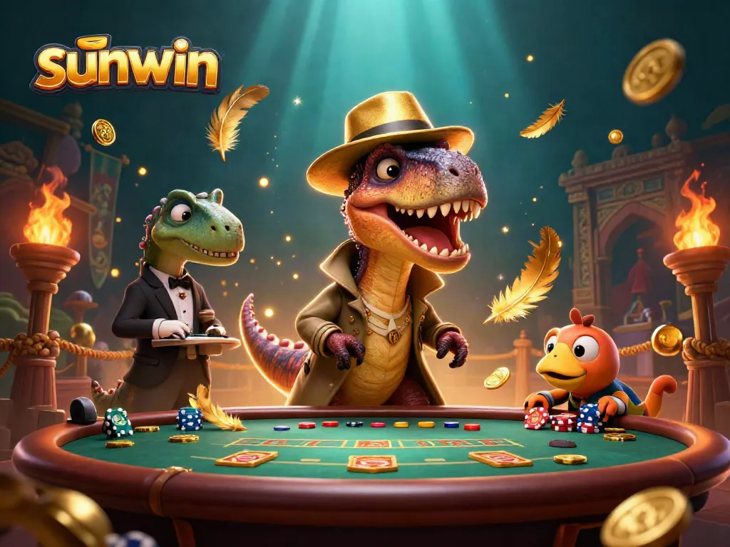 Experience thrilling gameplay at sunwin with a clever velociraptor at a blackjack table amidst captivating casino elements.