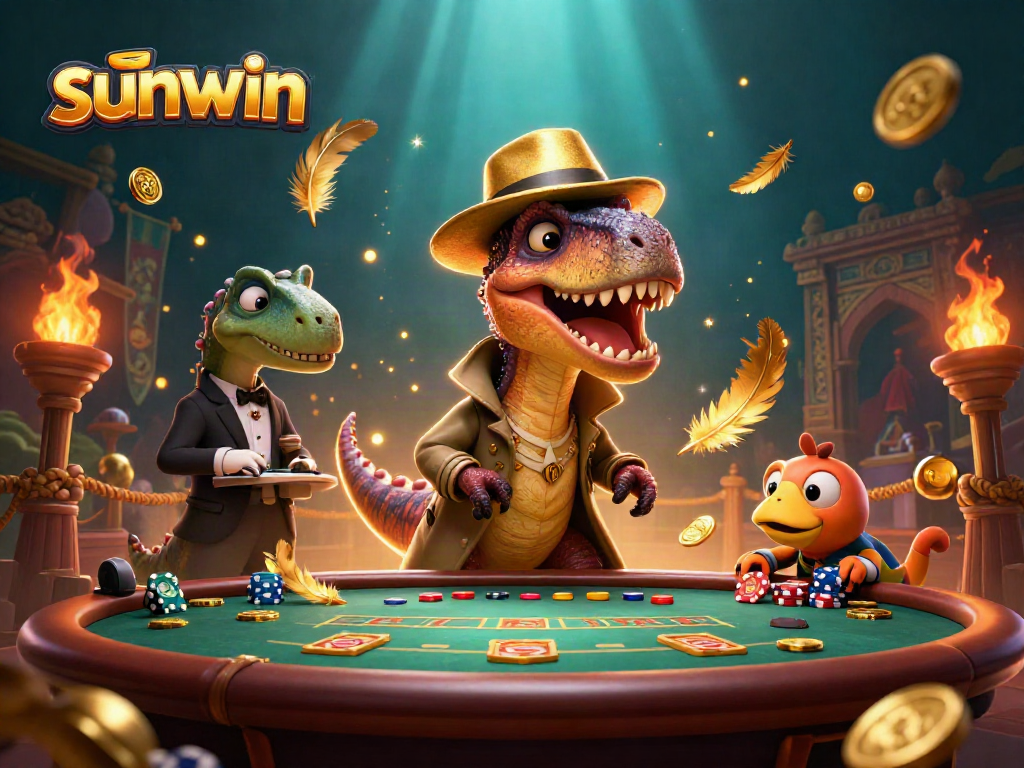 Experience thrilling gameplay at sunwin with a clever velociraptor at a blackjack table amidst captivating casino elements.