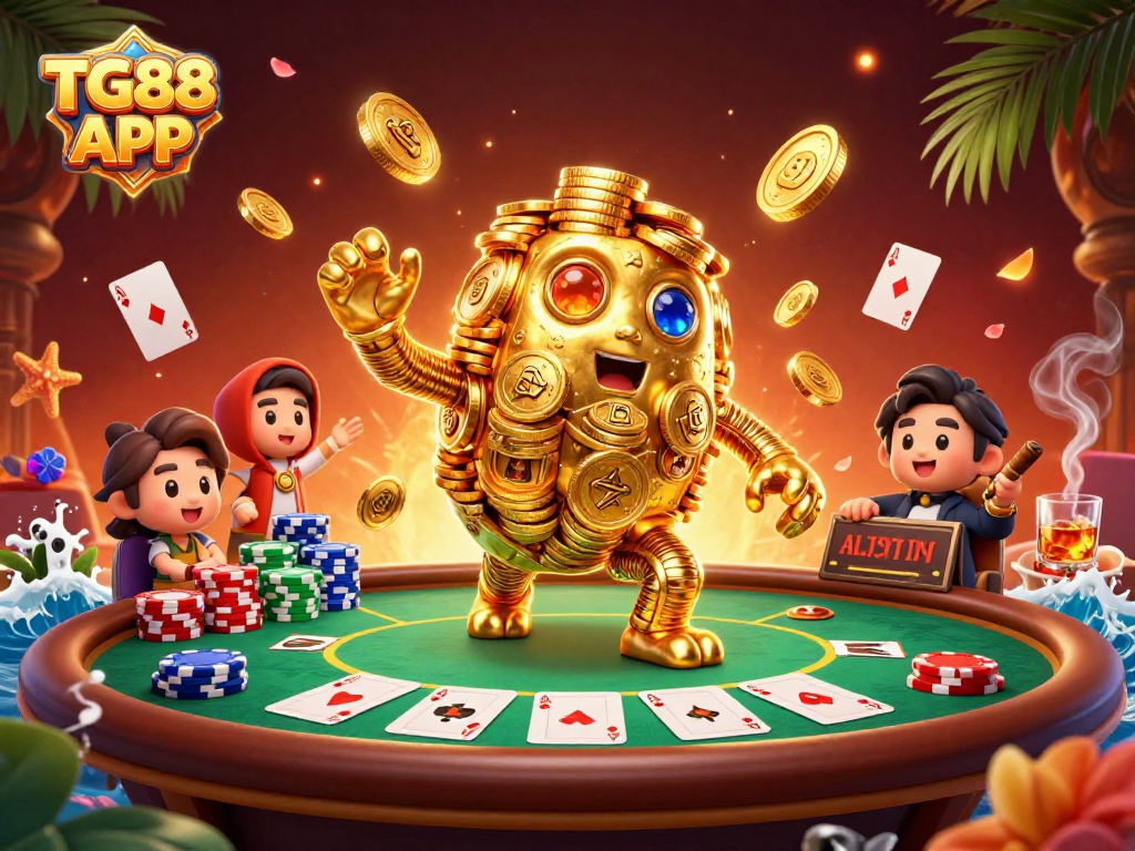 Experience TG88 APP action with the golden golem and poker scene, showcasing winning strategies and excitement.