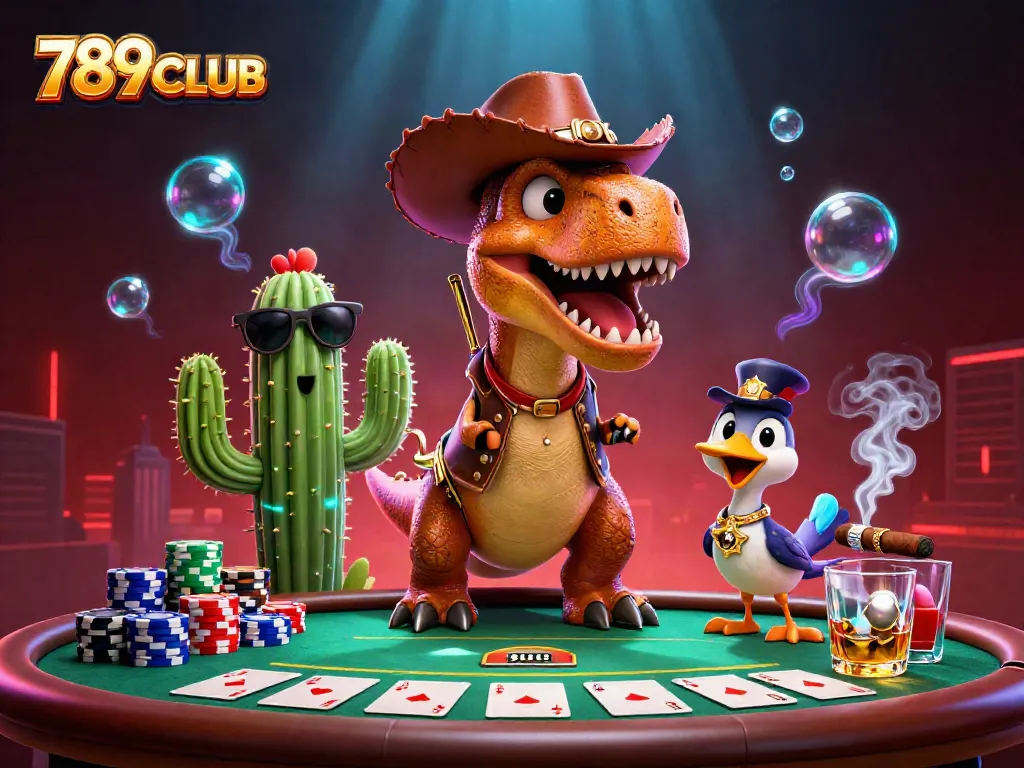 Engage with 789CLUB as a dynamic poker showdown unfolds in this vibrant 3D illustration.