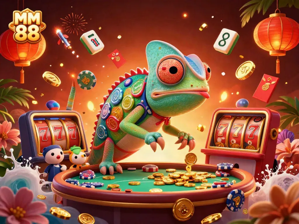 Experience the vibrant energy of MM 88 casino world with a colorful chameleon and dynamic slot games.