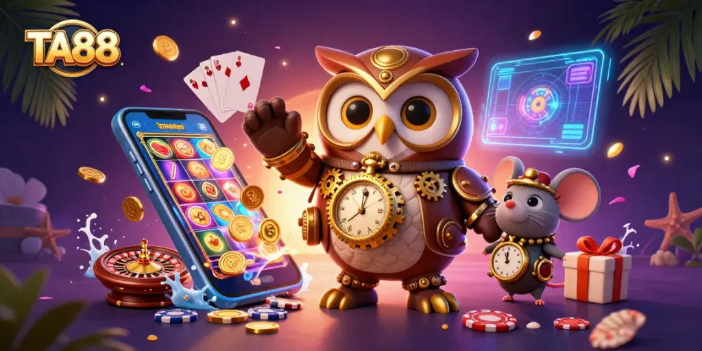 Engage in thrilling gameplay with TA88, showcasing a cartoon time-traveling owl and exciting casino elements.