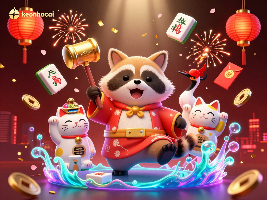 Engage with keonhacai through a dynamic scene featuring vibrant 3D characters and festive casino elements.