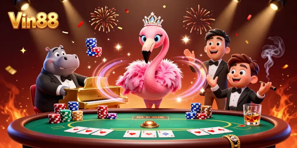 Experience Vin88's vibrant casino ambiance with a playful flamingo singer and cool hippo bassist.