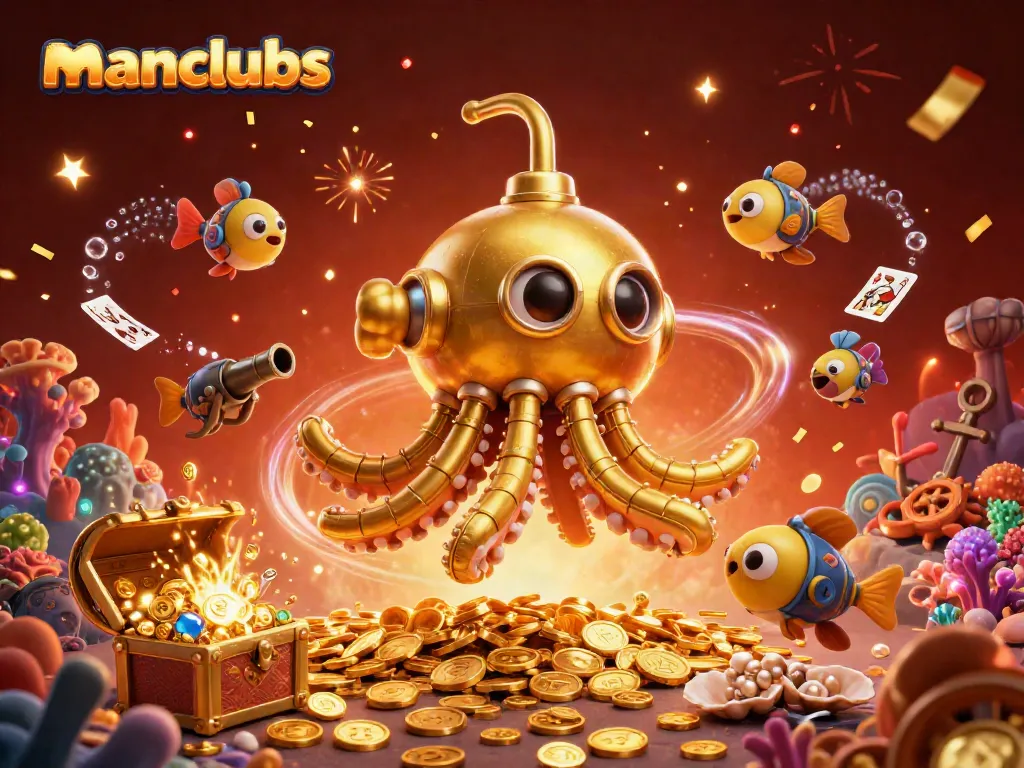 Engage with thrilling gameplay at manclubs, featuring a golden kraken submarine amidst golden coins and gaming elements.