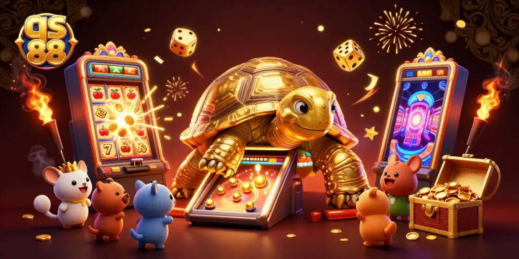 Experience exciting gameplay with qs 88 at the vibrant casino arcade featuring a golden tortoise and overflowing jackpots.