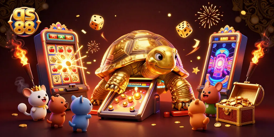 Experience exciting gameplay with qs 88 at the vibrant casino arcade featuring a golden tortoise and overflowing jackpots.