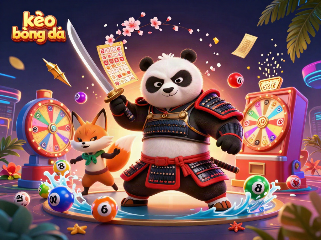 Bet on kèo bóng đá with an exciting scene featuring samurai panda, ninja fox, and tanuki amidst dynamic gambling elements.
