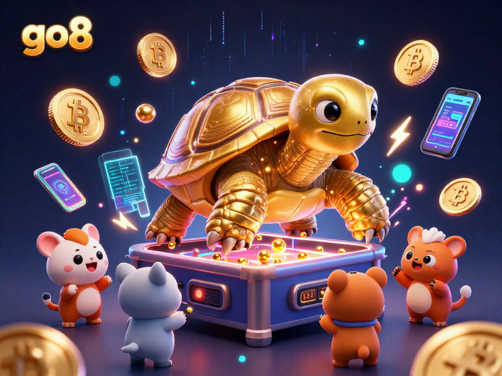 Engage in vibrant gameplay at Go8 with a golden tortoise pinball and crypto coins.