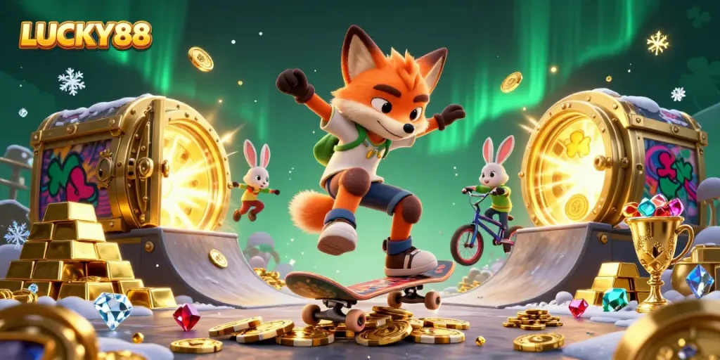 Experience LUCKY88 excitement with a dynamic scene of a skateboarder fox and BMX rabbit in a vibrant casino.