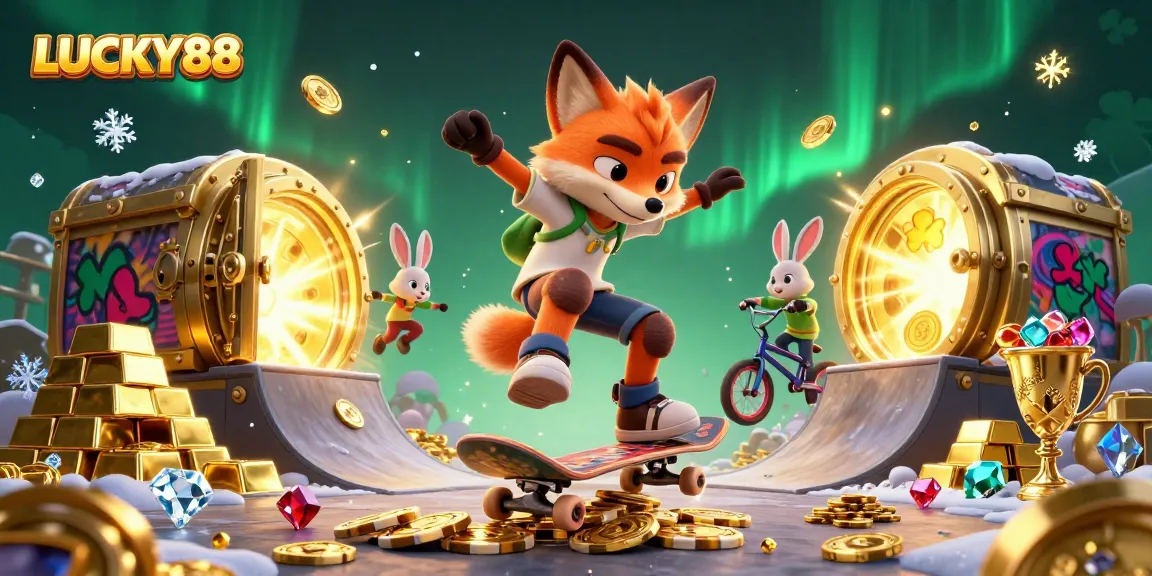 Experience LUCKY88 excitement with a dynamic scene of a skateboarder fox and BMX rabbit in a vibrant casino.