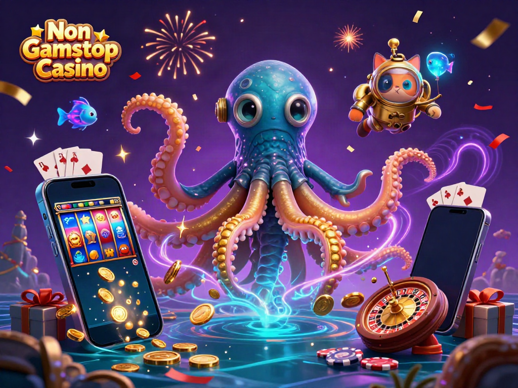 Experience the thrill of a Non Gamstop Casino with a dynamic scene featuring a kraken, diving cat, and slot game elements.