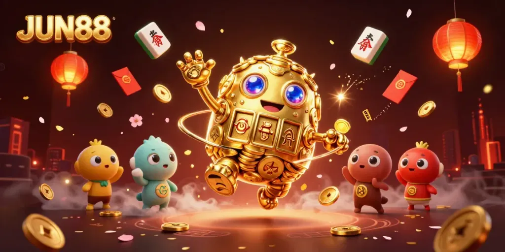 Engage with the exciting JUN88 online casino scene featuring a golden golem and festive elements.