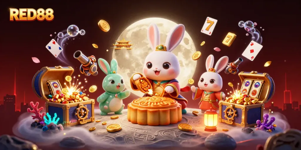 Spin to win with RED88’s exciting slots, featuring dazzling poker chips and golden mooncakes.