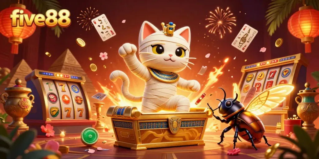 Engage with action-packed moments in five88's vibrant casino universe, featuring a mummy cat and scarab.