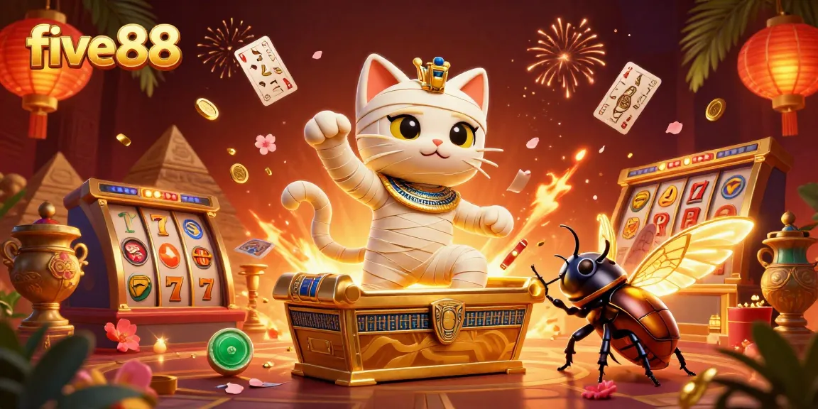 Engage with action-packed moments in five88's vibrant casino universe, featuring a mummy cat and scarab.