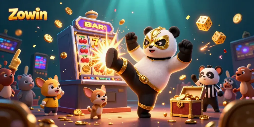 Zowin offers an exciting gaming experience with a colorful slot machine, panda wrestler, and festive audience.