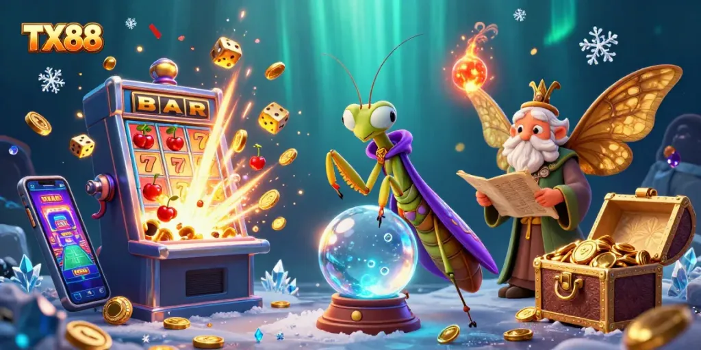 Spin to win at TX88 with a vibrant 3D casino scene featuring a fortune teller and magical elements.