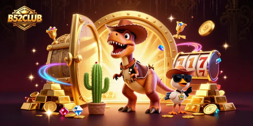 Bets come alive at B52CLUB in this vibrant 3D casino scene featuring a cowboy dinosaur and treasures.