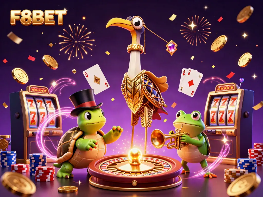 Experience the dazzling excitement of F8BET in this vibrant 3D illustration of a casino scene.