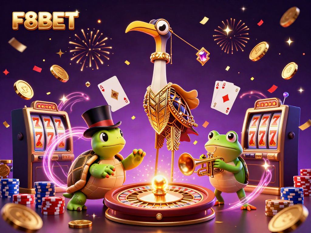 Experience the dazzling excitement of F8BET in this vibrant 3D illustration of a casino scene.