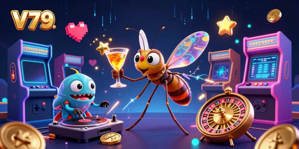 Engage with V79's vibrant casino experience through a lively illustration of characters and gaming elements.
