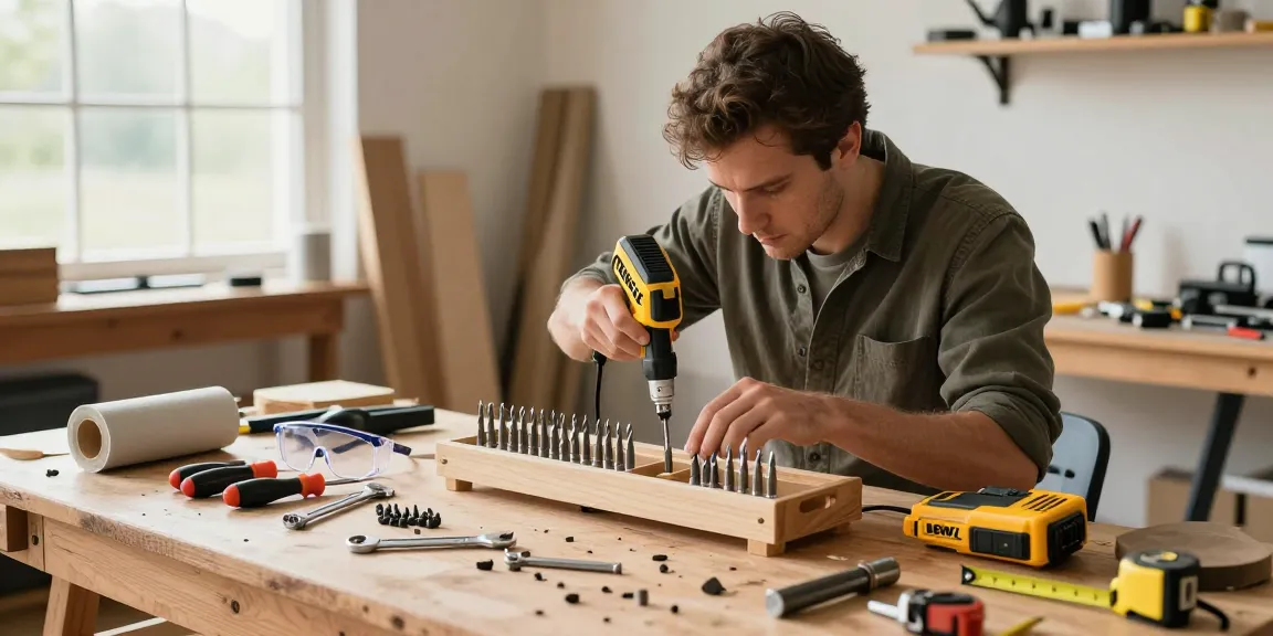 Dewalt fast charger powering tools in an organized DIY workshop.