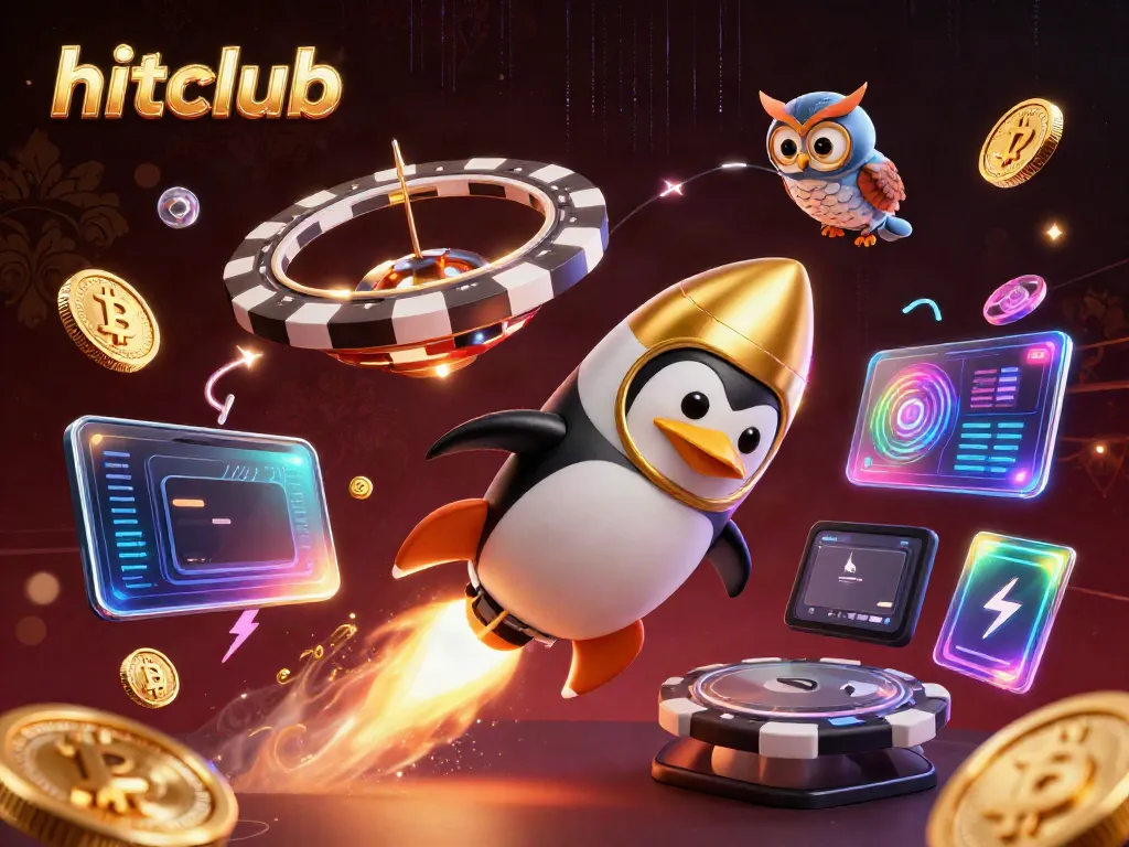 Experience thrill with hitclub as a golden penguin races to a casino space station surrounded by glowing cryptocurrencies.