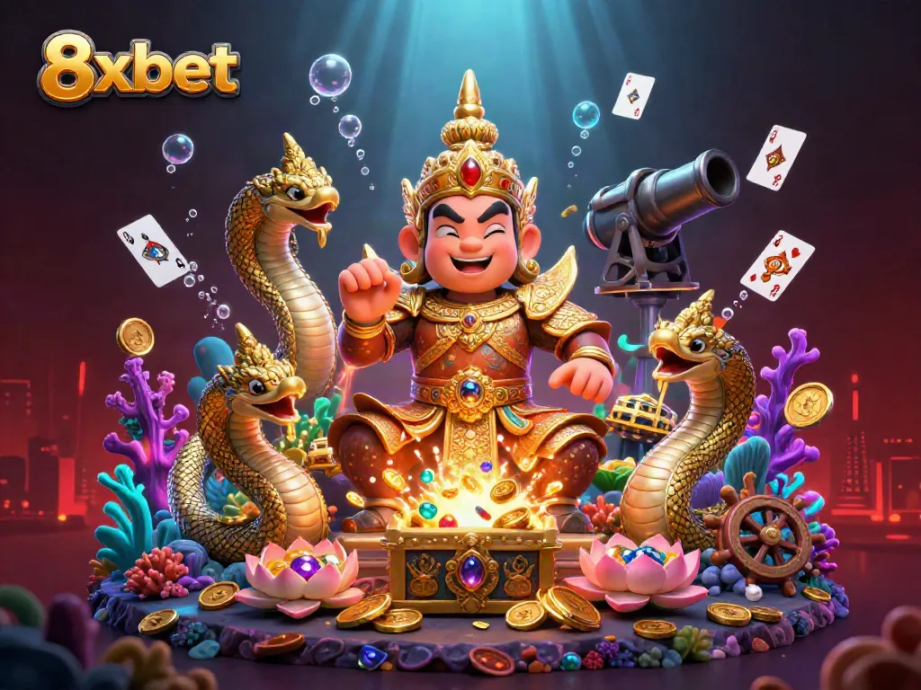 Experience the vibrant undersea adventure with 8xbet's dynamic gaming illustrations featuring treasure and lively characters.