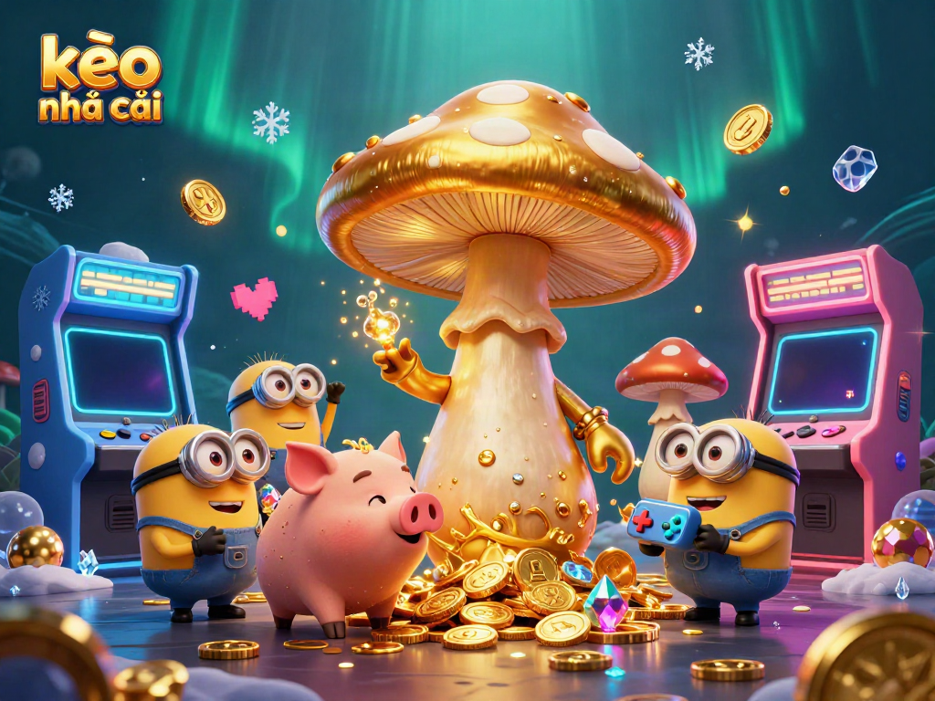 Experience thrilling moments at kèo nhà cái with magical characters and arcade game elements in a vibrant casino-themed 3D scene.