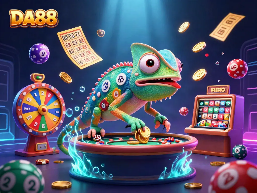 Engage with DA88's vibrant casino atmosphere, where a chameleon snaps up coins amidst colorful lottery games.