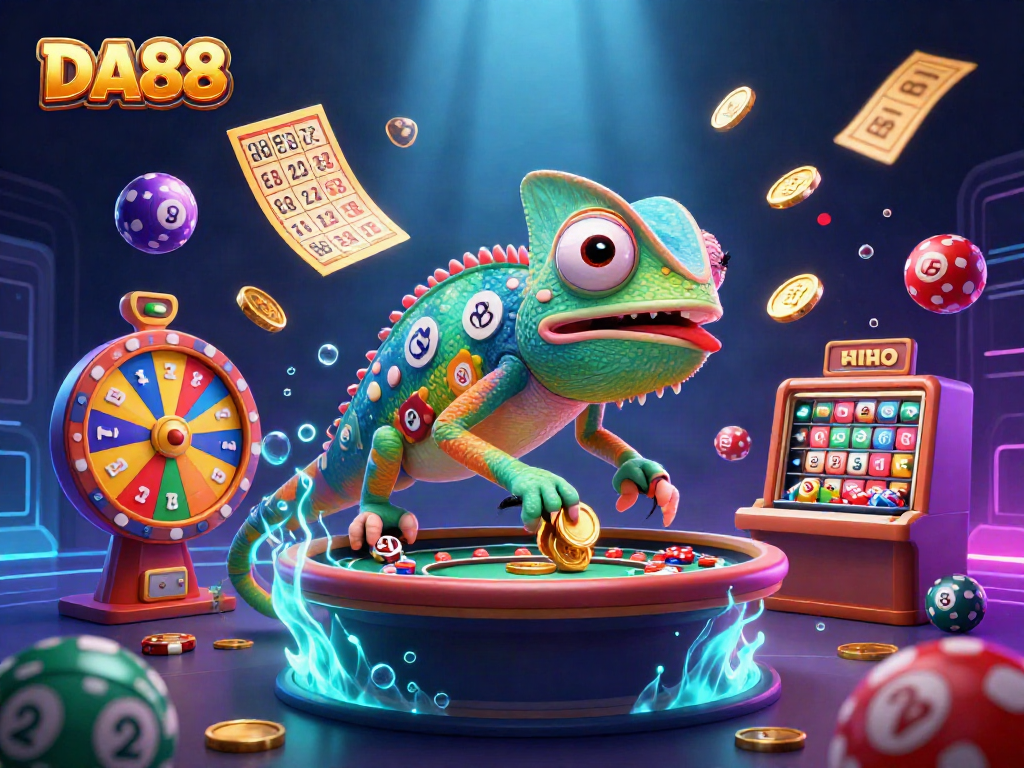 Engage with DA88's vibrant casino atmosphere, where a chameleon snaps up coins amidst colorful lottery games.