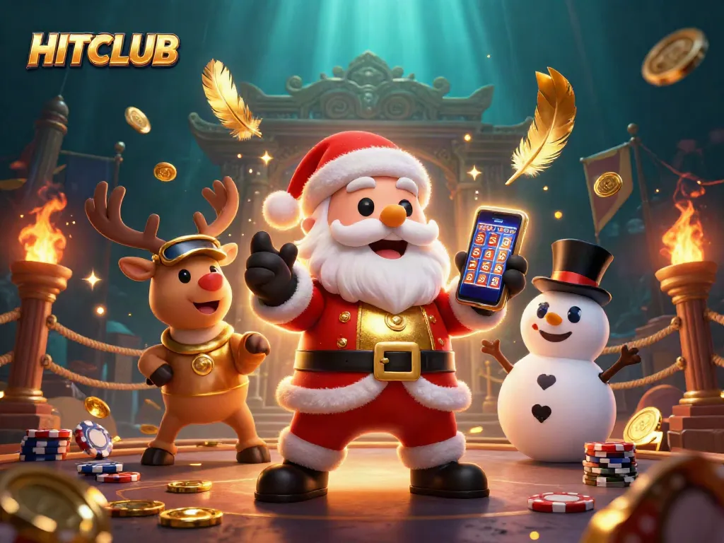 Engage in thrilling gaming at HITCLUB with festive characters in a vibrant casino atmosphere.