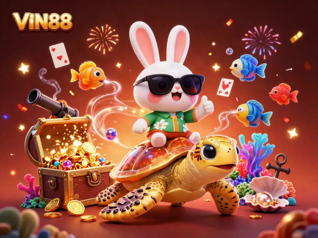 VIN88 showcase of an exciting underwater casino adventure with a lucky rabbit and golden turtle.