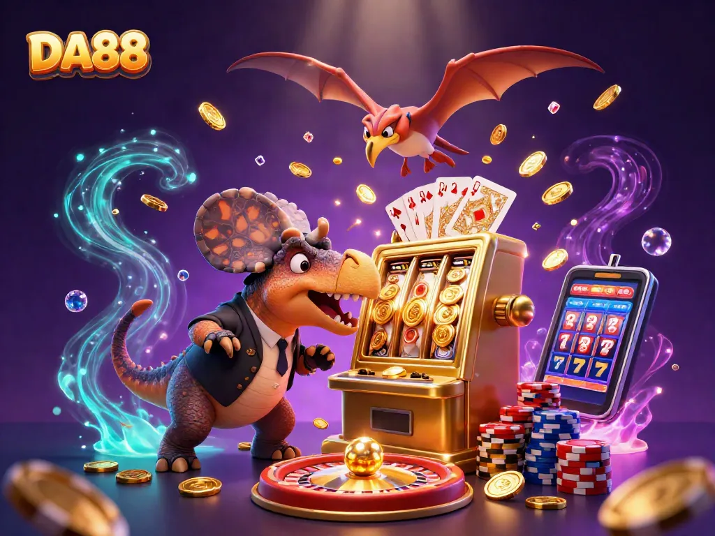 DA88 casino scene with a cartoon pachycephalosaurus winning jackpot coins from a slot machine