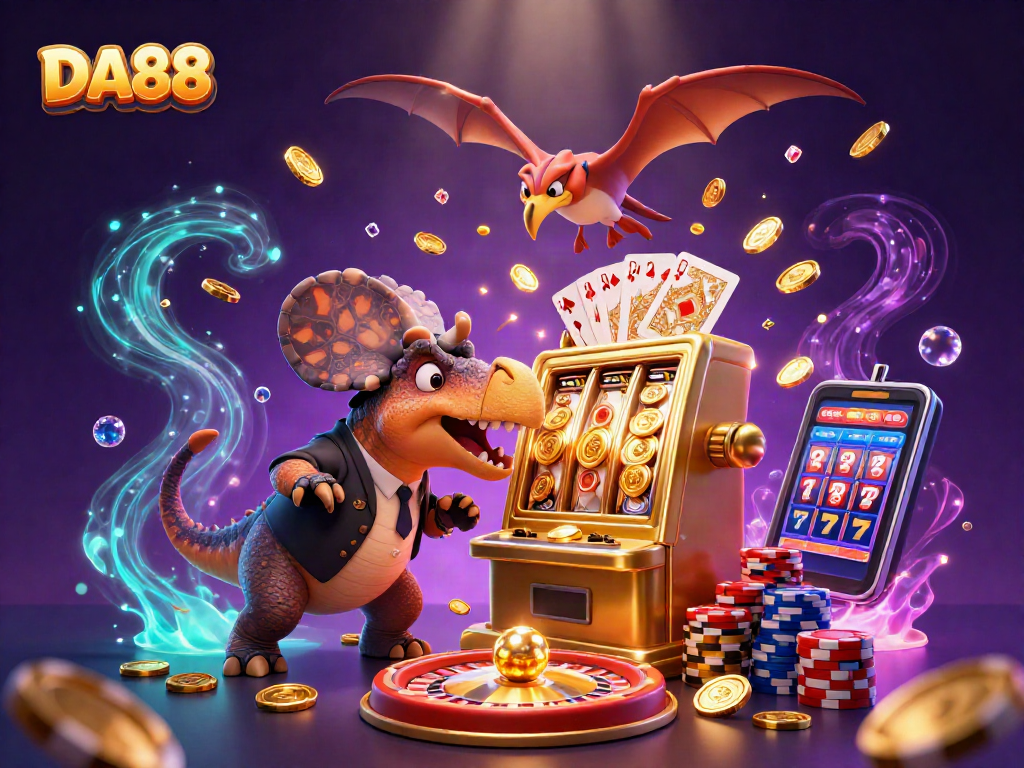 DA88 casino scene with a cartoon pachycephalosaurus winning jackpot coins from a slot machine