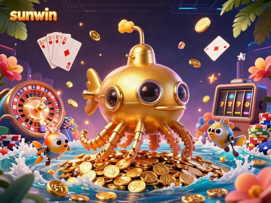 Experience the thrill of sunwin with a golden kraken submarine amidst coins and casino elements.