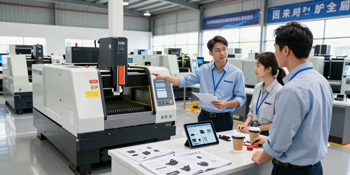Team showcasing used machinery, highlighting Gebrauchtmaschinen in a bright showroom with CNC machines.